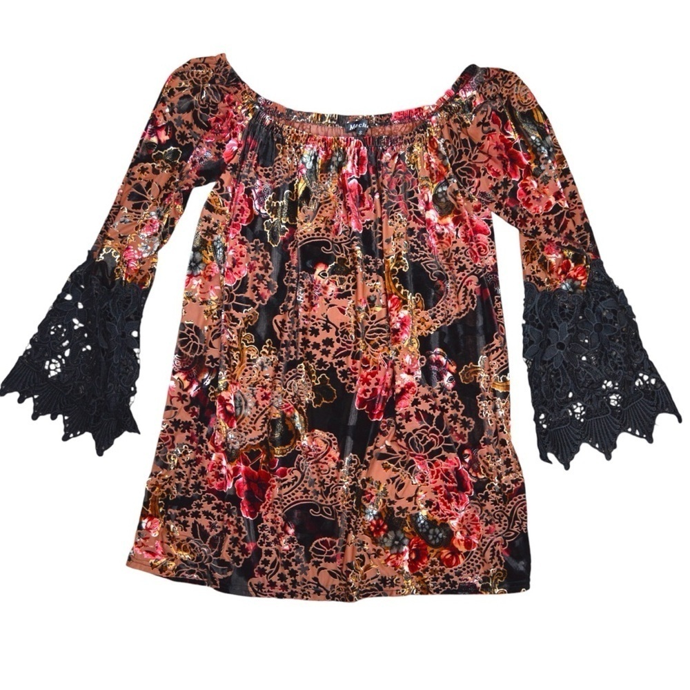 Mechant Boho Burnout Velvet Web Dark Floral Pullover‎ Top Small Fairy Whimsigoth